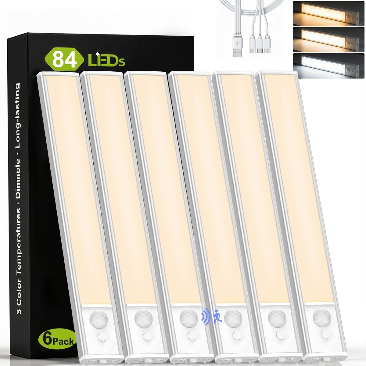 10 Inch under Cabinet Lighting 6 Pack, 3 Colors Motion Sensor Light Indoor