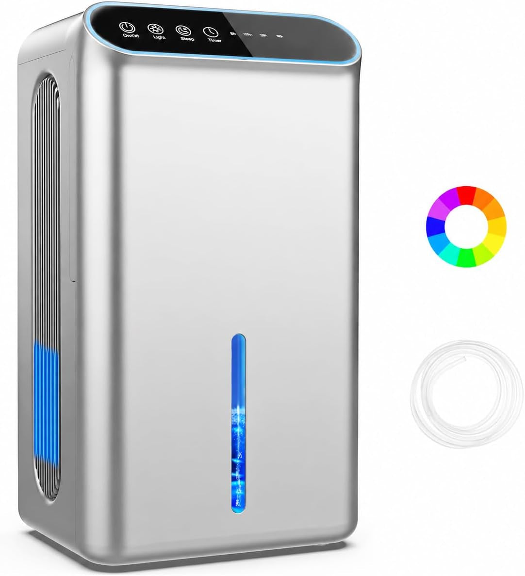 Dehumidifier for Home up to 1000 Sq.Ft, 98Oz Small Quiet Dehumidifier with Drain Hose, 3 Timer Modes, Auto Shut Off, Aromatherapy & 7 Color Light for Basement, Bedroom, Bathroom, RV (Sliver)