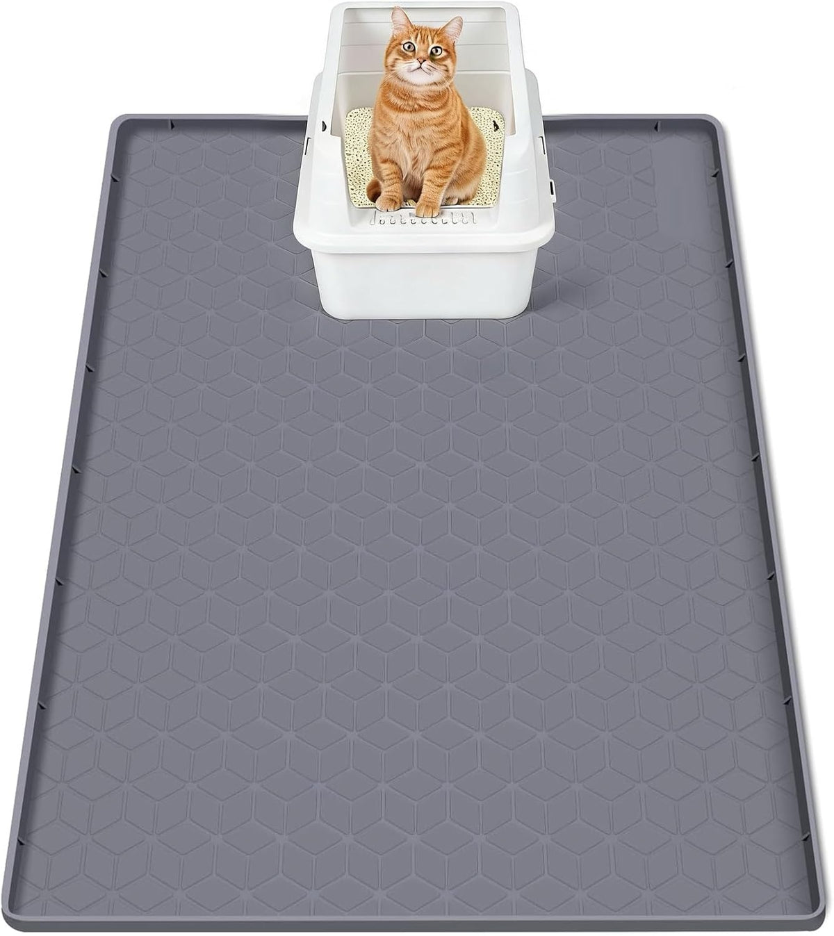 SORKUT Cat Litter Mat 34X22 Inch, Large Silicone Litter Box Mat for Floor Protection, Waterproof & Non-Slip, Soft for Cat Paws, Easy to Clean, Leak-Proof Edge, Gray