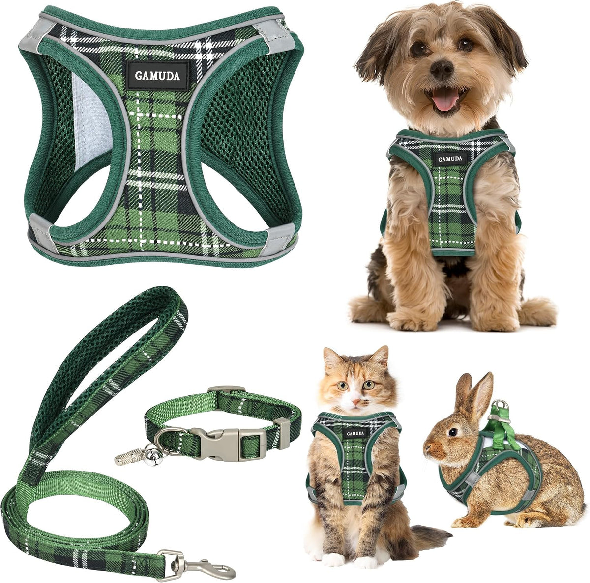 GAMUDA Small Pet Harness Collar and Leash Set, Step in No Chock No Pull Soft Mesh Adjustable Dog Vest Harnesses Plaid Reflective for Dogs Puppy Cats Kitten Rabbit (Green, S)
