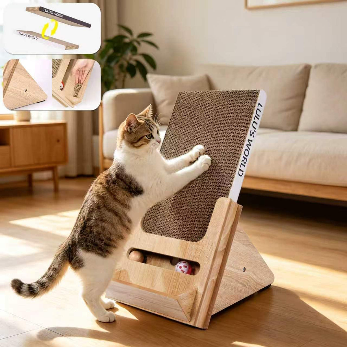 Lulu'S World New Cardboard Cat Scratcher with Wooden Stand,Replaceable Pad