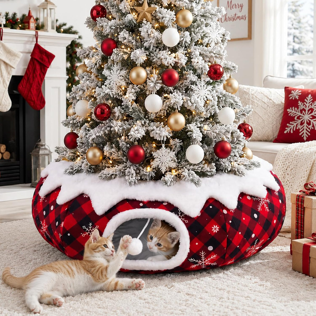 Buffalo Plaid Cat Tunnel Christmas Tree Skirt, Indoor Cat Donut Tunnel Bed