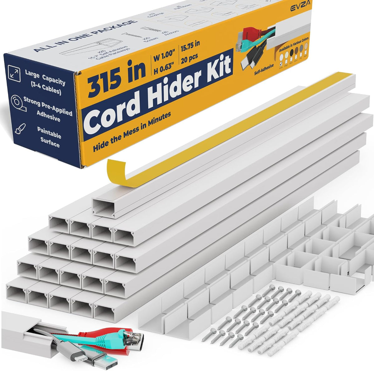 Cord Hider, Wire Cover, Cord Covers Wall Mounted TV, Cable Hider, 315 in Paintable White Raceway Kit, Electrical Cords Concealer, Cable Management, Hide Cords Wall, Wire Molding, Adhesive Channel