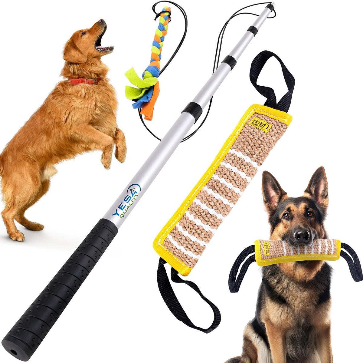 YES4QUALITY Dog Bite Tug Toy & Extendable Flirt Pole Bundle