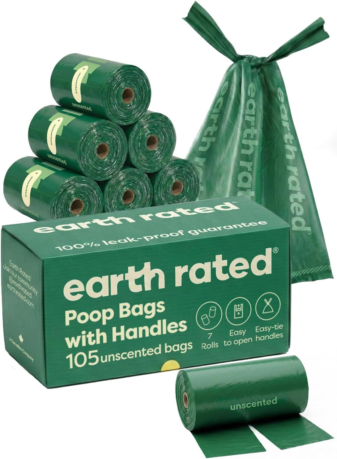 Earth Rated Dog Poop Bags with Handles on Refill Rolls, Easy-Tie on a Compact Roll, Extra Wide Opening, Guaranteed Leak-Proof, Unscented, 105 on Rolls