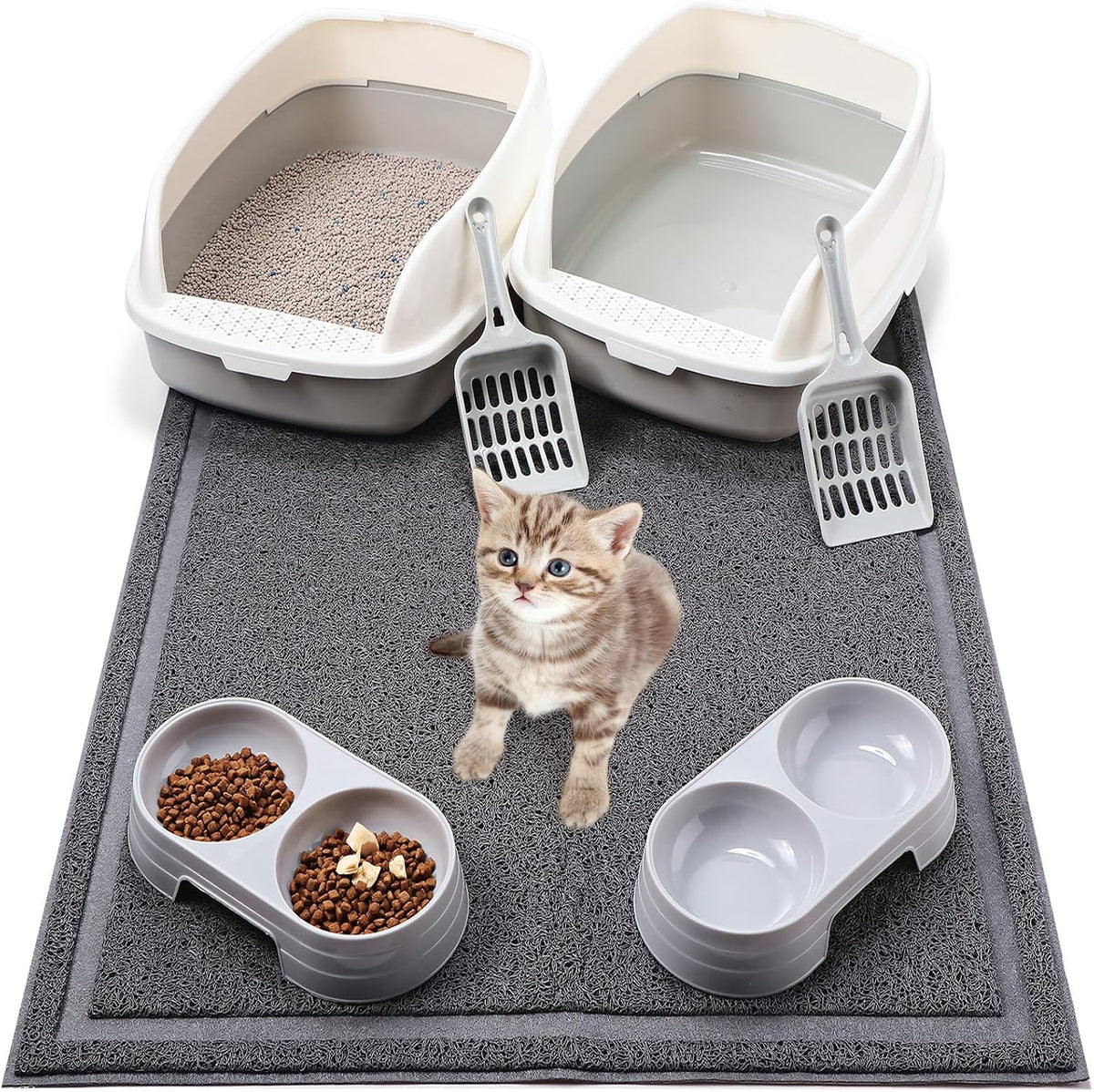 Sliner 7 Pcs Kitten Litter Box Starter Kit, Low Entry High Sided,Gray