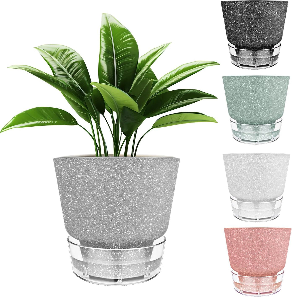 6-Inch Self-Watering Plant Pot with Visual Reservoir and Drainage Hole, Set of 5, Plastic Flower Pots, Planting Pot for Indoor Outdoor Plants (Frosted Mixed Color)