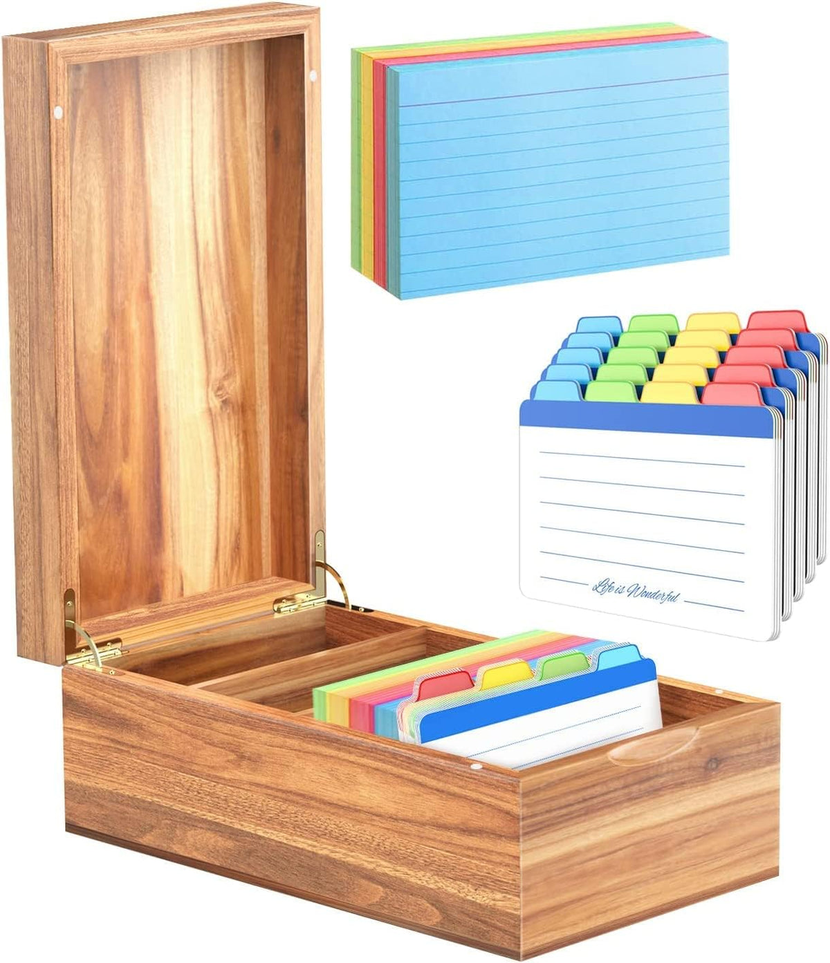 Neando 3X5 Index Card Organizer Box with Lid β Acacia Wood Note Card Holder with 200 Cards & 20 Dividers, Holds 600 Cards, 4 Compartments, Magnetic Closure β Desktop Storage for Study, Office, Recipes