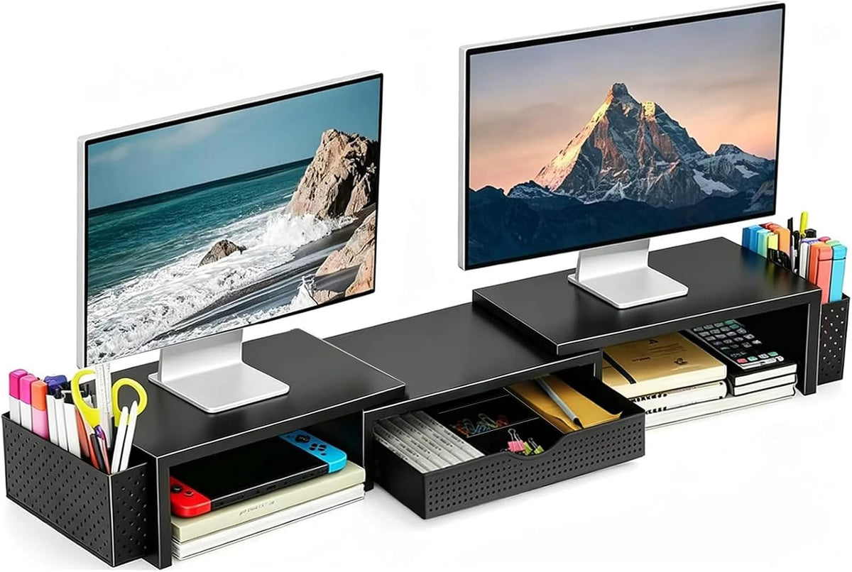 Dual Monitor Stand Riser with Drawer and 2 Pen Holders