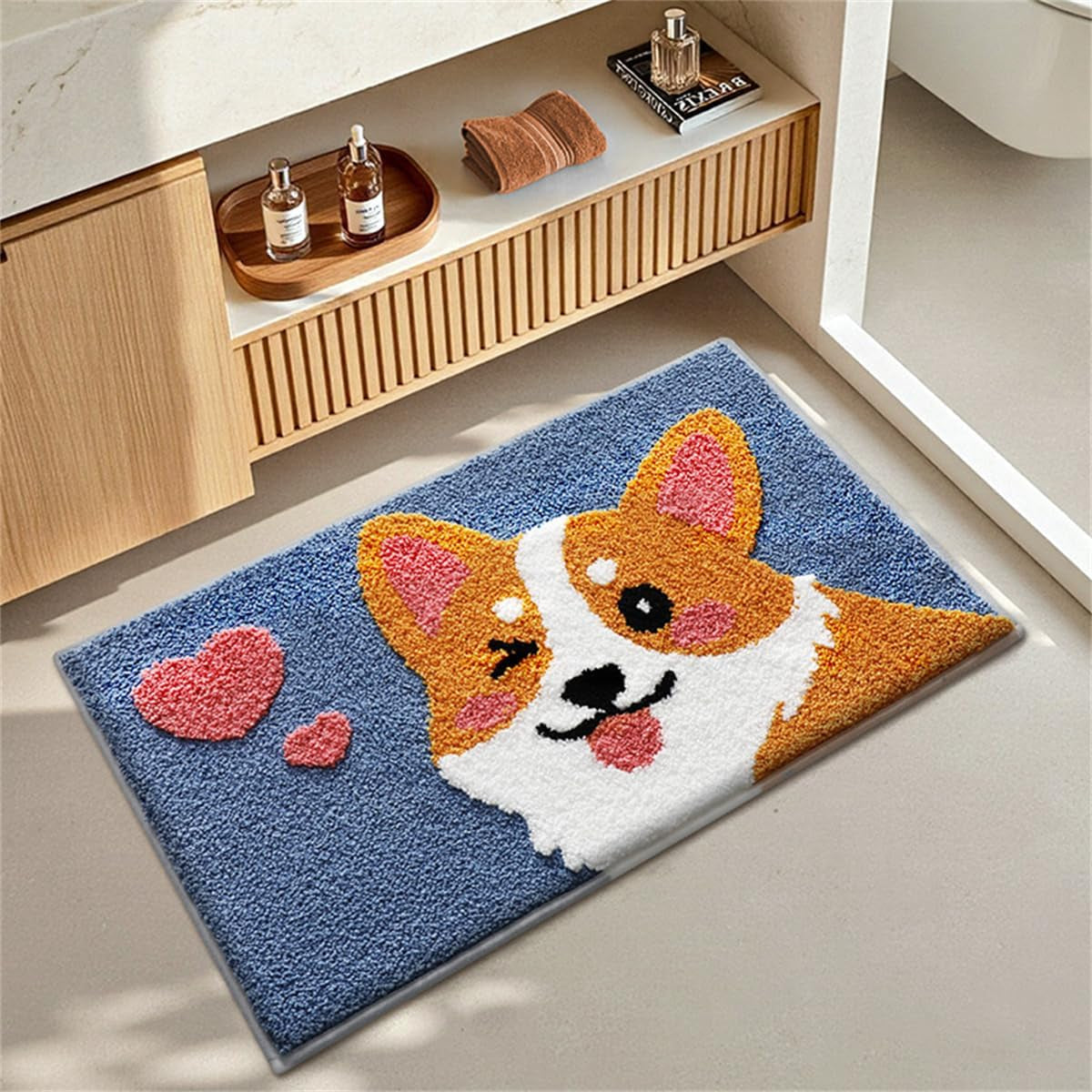 Ankah Dog Series Bath Rug, Cute Shiba and Corgi Animal Collection, Soft Shaggy Plush, Non-Slip, Highly Absorbent, Machine Washable Carpet for Bathroom Decor, Shower Use, 19.7" X 31.5", Corgis