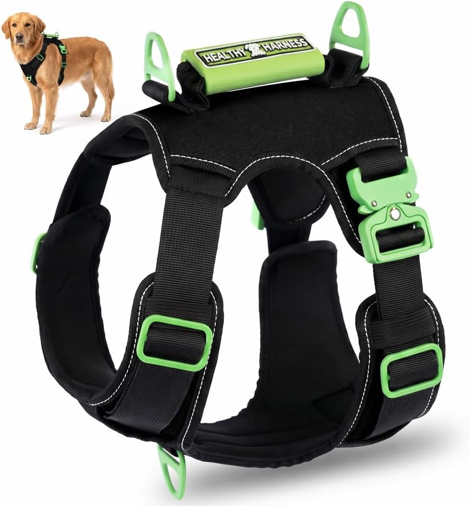 Supreme Sport Dog Harness - Heavy Duty Design, No Choke, No Pull. Adjustable, Comfy Padding, Easy On/Off, Metal Hardware, Emergency Handle and 3 Connect Points (Black, L)