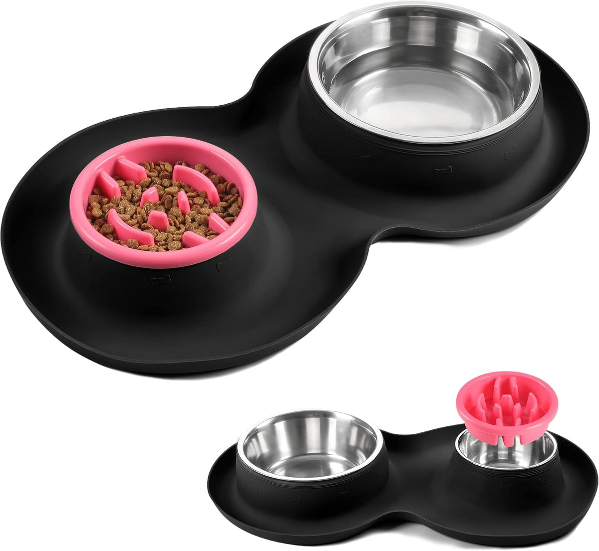 100% Waterproof BPA Free Pet Dog Bowls2 Stainless Steel(53Oz+27Oz) with 1.35“ Raised Edge Silicone Mat + Slow Feed Dog Water and Food Bowls for Feeding Small Large Dogs Cats Puppies (Black)