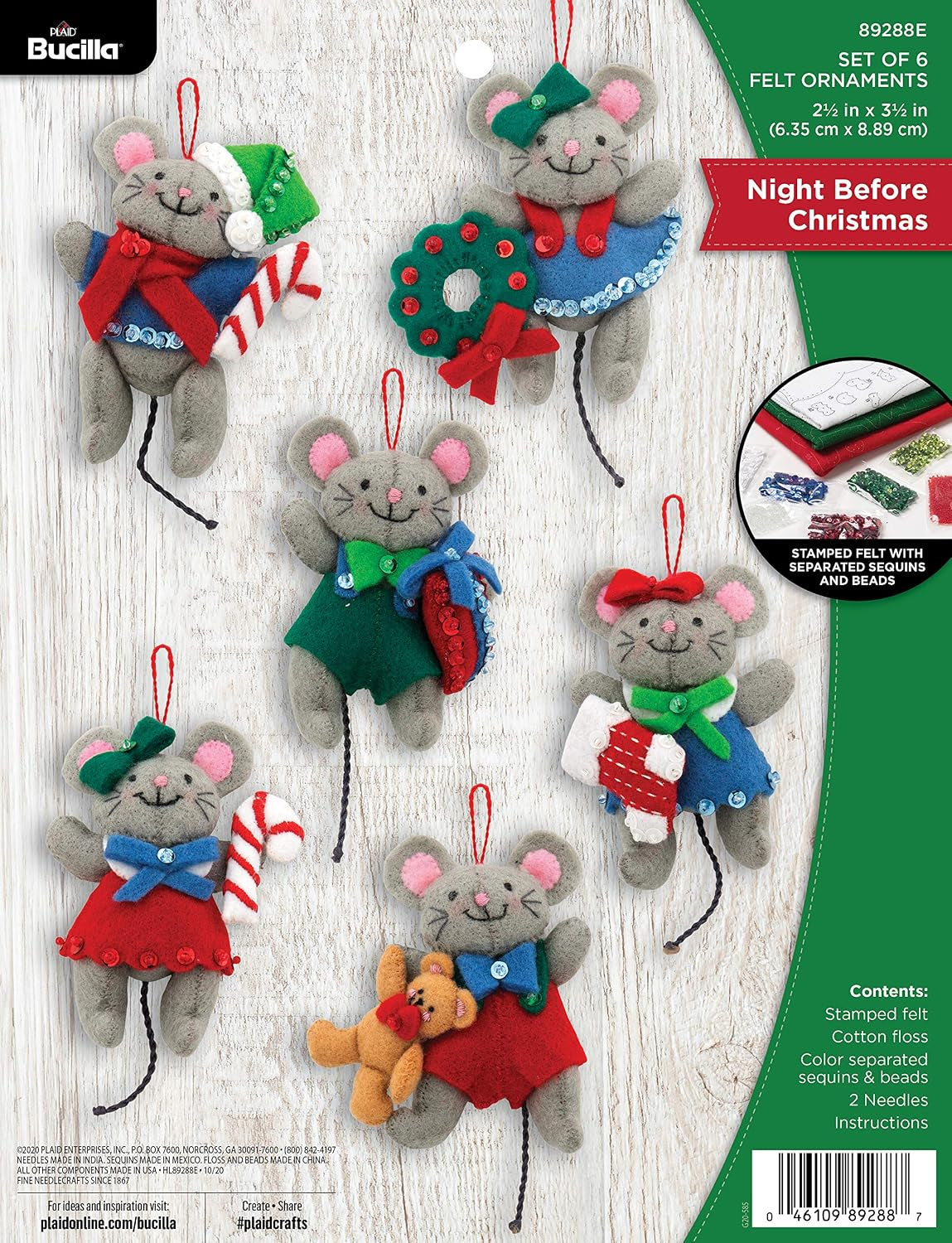 Bucilla 89288E Felt Applique Christmas Ornament Kit, Night before Christmas, Set of 6