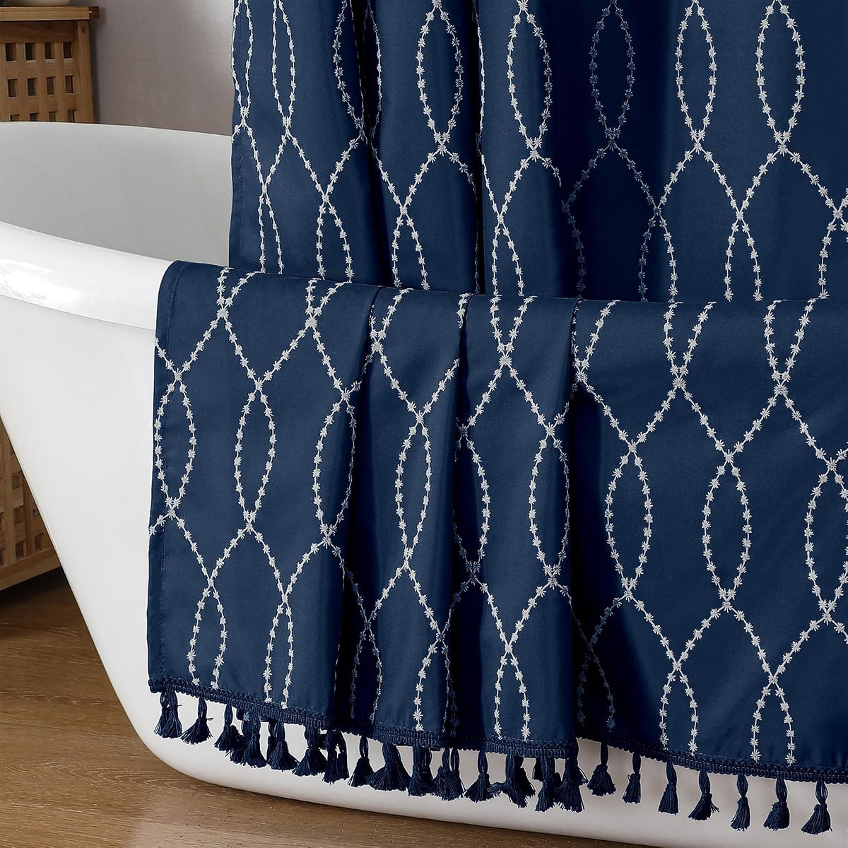 Navy Blue Shower Curtain for Bathroom, Puff Printed Textured Shower Curtain with Tassels, Rustic Geometry Heavy Duty Vintage Country Bathroom Curtain, Water Resistant Fabric, 72Wx72L Inches