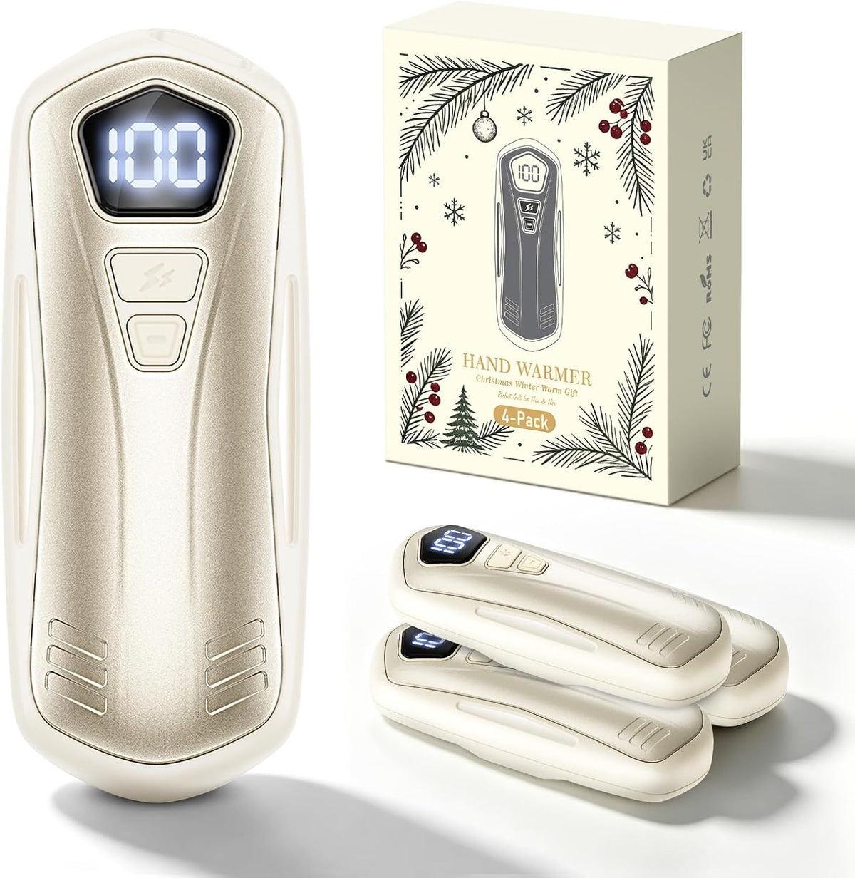 AI Hand Warmers Rechargeable 4 Pack, LED Display, 12000Mah, 2S Fast Heat