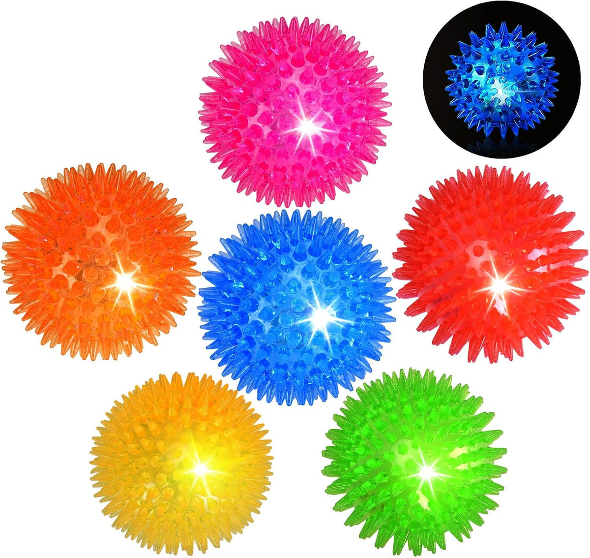 Novkin 6-Pack 3.5” LED Light-Up Squeaky Dog Toy Balls ,Durable Interactive Glow Fetch Toys for Aggressive Chewers,Bpa Free Non-Toxic, Spiky Puppy Chew Balls