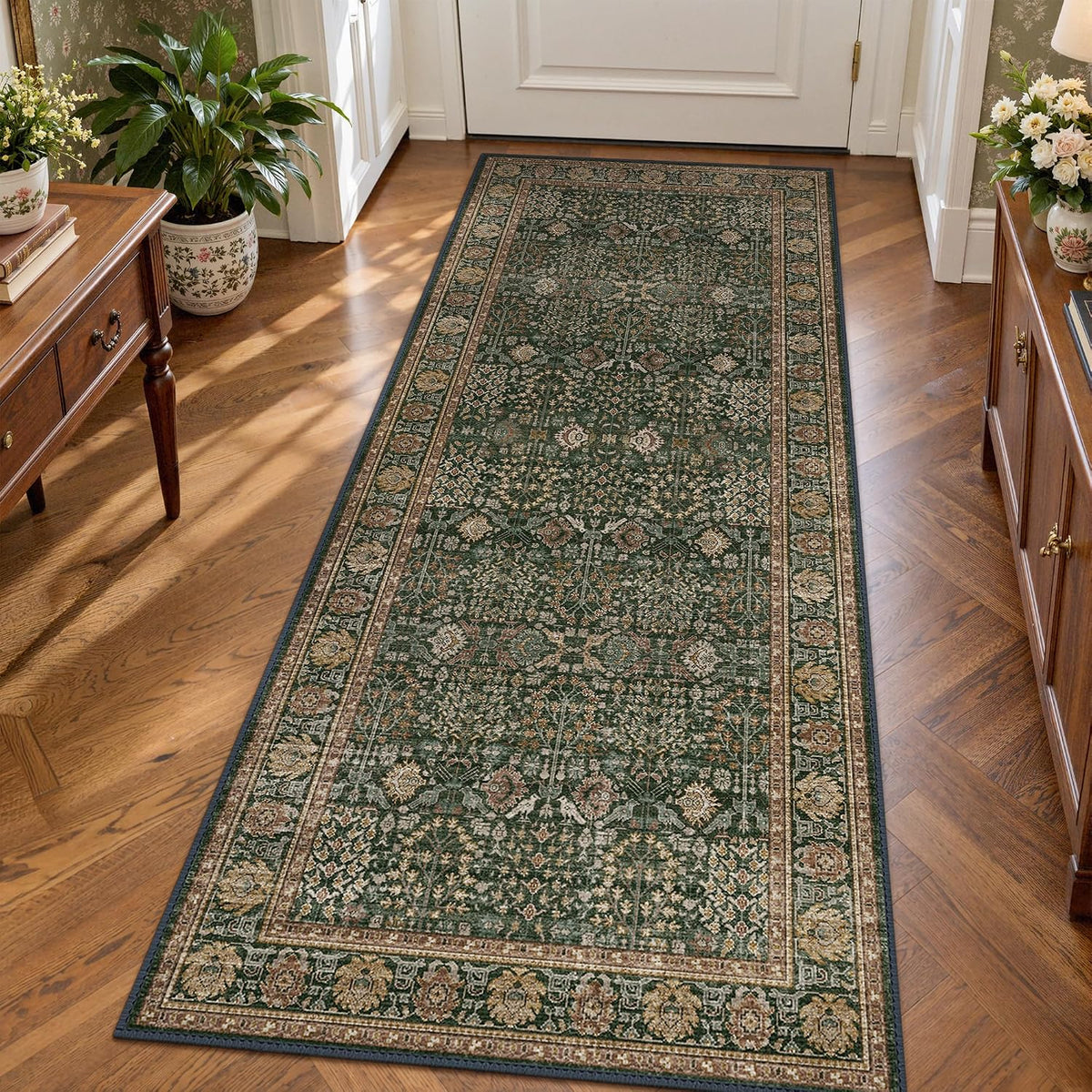 Bavni 2'6" X 6' Kitchen Runner Rug, Washable Non Slip, Dark Green Brown