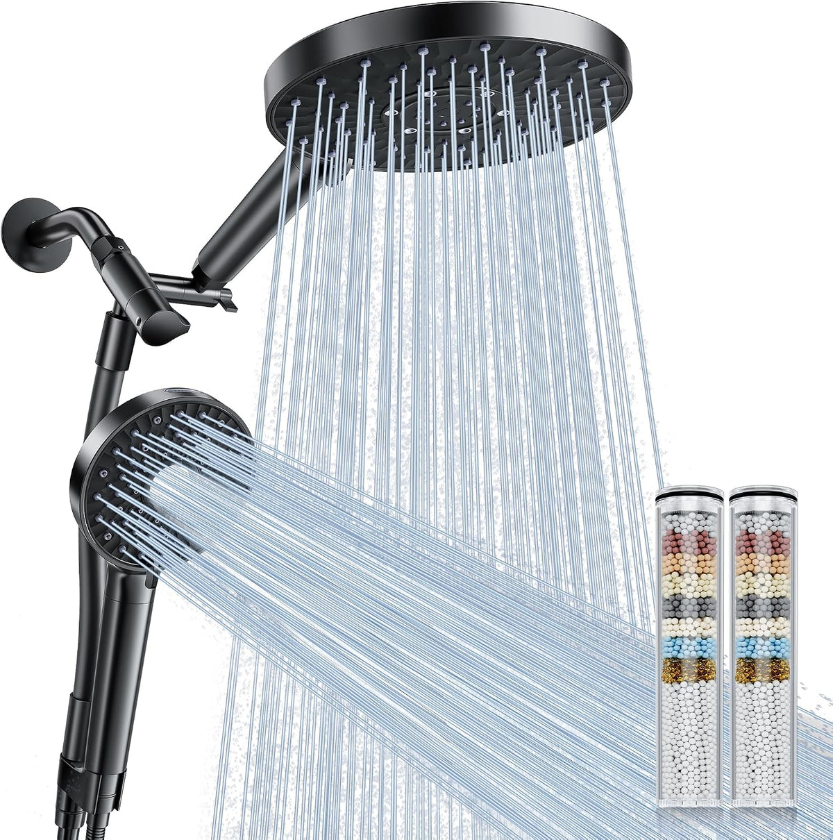 Filtered Shower Head Handheld Mother-Child Large Arm Combo, High Pressure 10-Spd Detachable Chrome Showerhead W/Stainless Hose, Water Softener Beads Hard Water - Remove Chlorine, Black