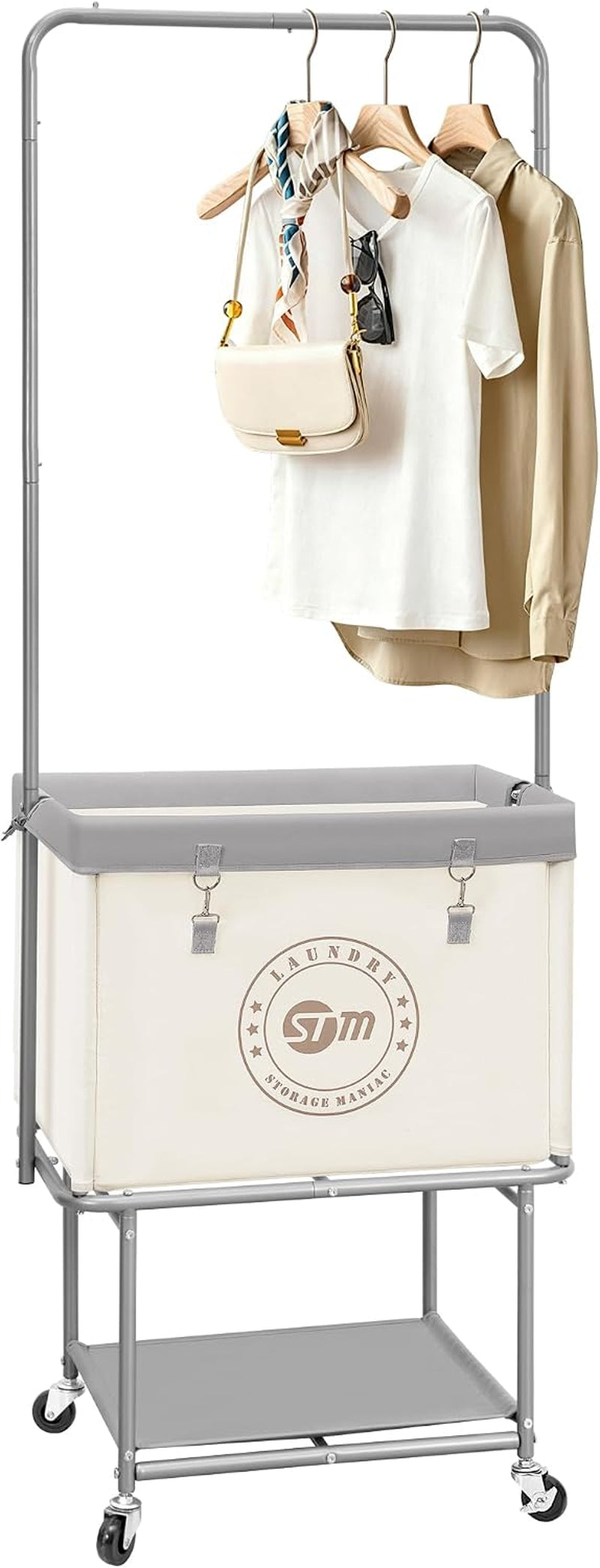 STORAGE MANIAC Rolling Laundry Cart with Hanging Bar & Storage Shelf, Beige