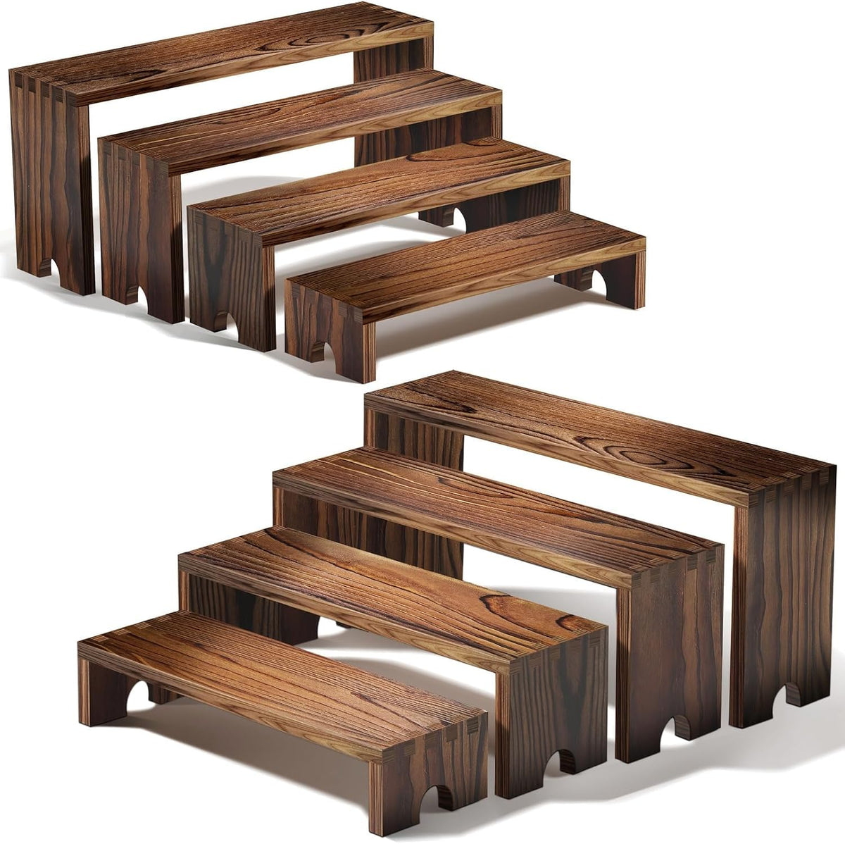 2 Set Wood Tone Wooden Tiered Display Stands 4 Tier Stackable Pine Wood Display Risers, Suitable for Vendor Events, Cupcake Stands, Cake Stand Wooden Dessert Table Sets, Vendor Booth Displays,Cosmetic & Pantry Organizers and Storage Can Organizer, Kitchen