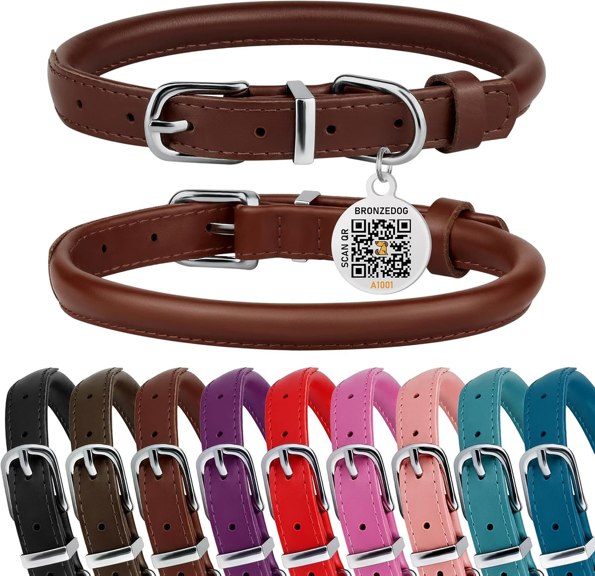 Rolled Leather Dog Collar, QR Tag, Anti-Tangle (S 12-14", Chocolate Brown)
