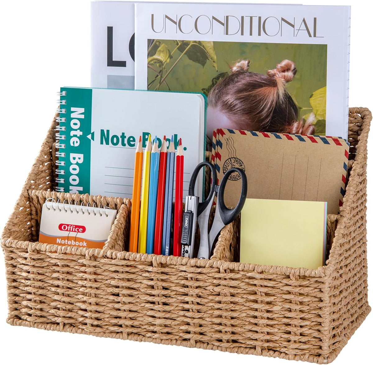 Rattan Desk Organizer, Tabletop Mail Holder, 5 Slot Mail Organizer Countertop Basket, Rattan Office Supplies, Boho Office Desk Accessories, Wicker Desk Organizer, Magazine Holder(Wicker)