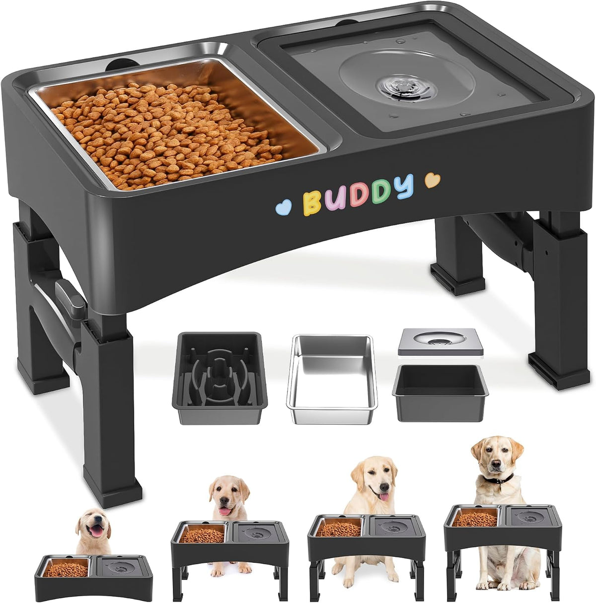 Decflow 3-In-1 Elevated Dog Bowls with 4 Height Adjustable Raised Stand