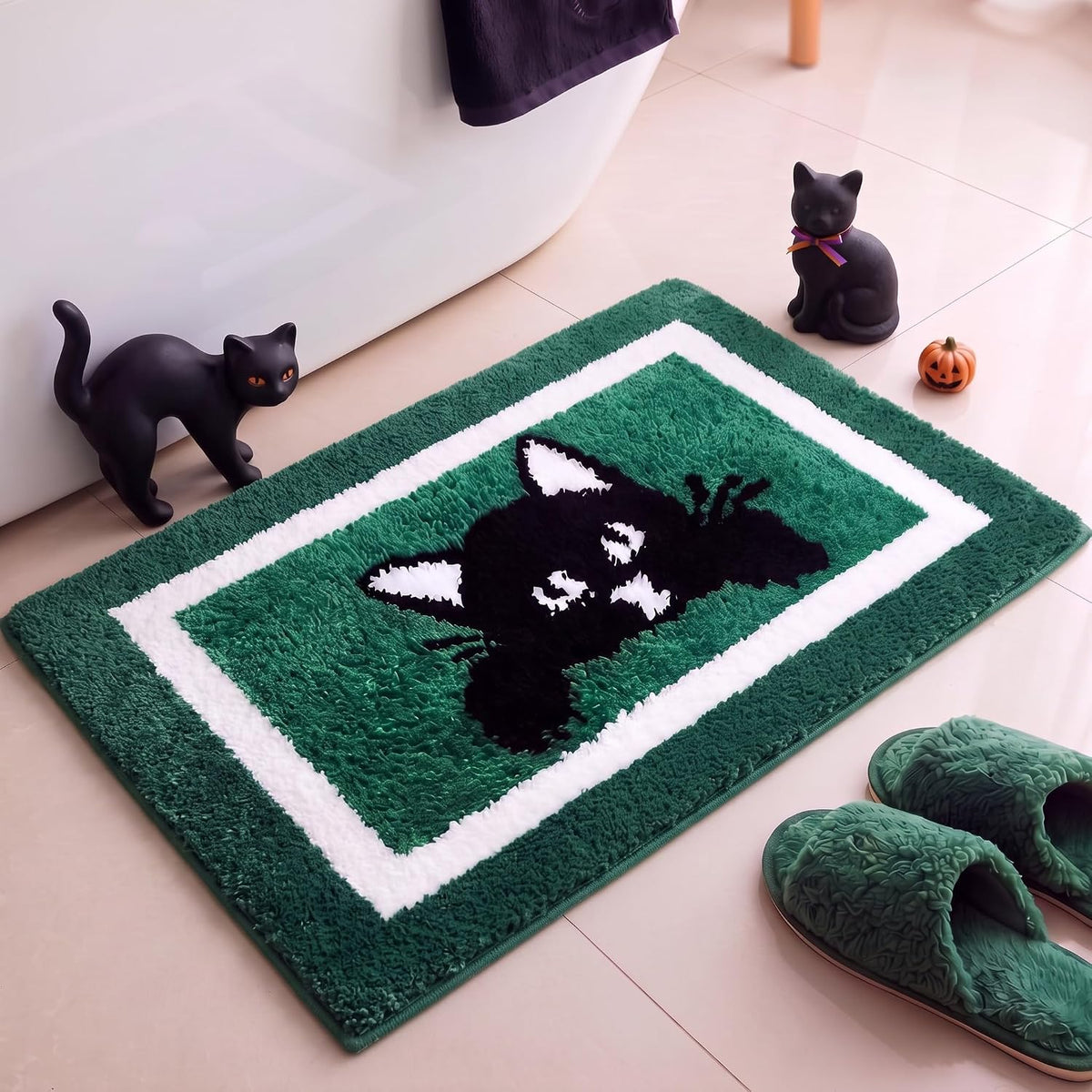 Boao Black Cat Bath Mat Tufted Non Slip Absorbent Dark Green Bathroom Rug