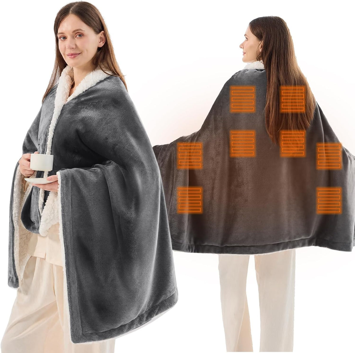 JOLLYVOGUE USB Heated Wearable Blanket with Snaps, 35 X 63 Inch, Dark Grey