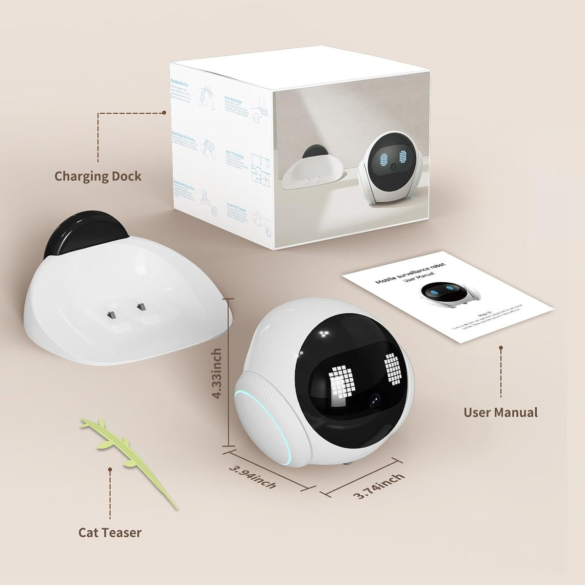 Small 1080P Mobile Pet Robot Camera with App Control, White