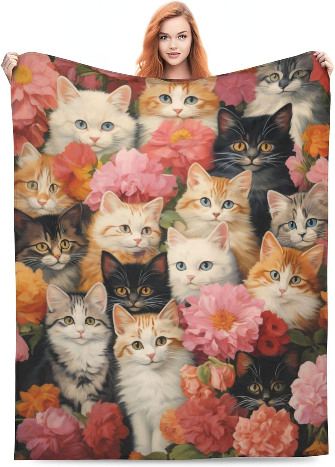 Cute Cat Blanket Gifts for Floral Lovers Girls Women Kitten Flower Flannel Throw Blankets for Home Couch Bed Sofa Soft Christmas Lightweight Decor All Season 60X50 Inches