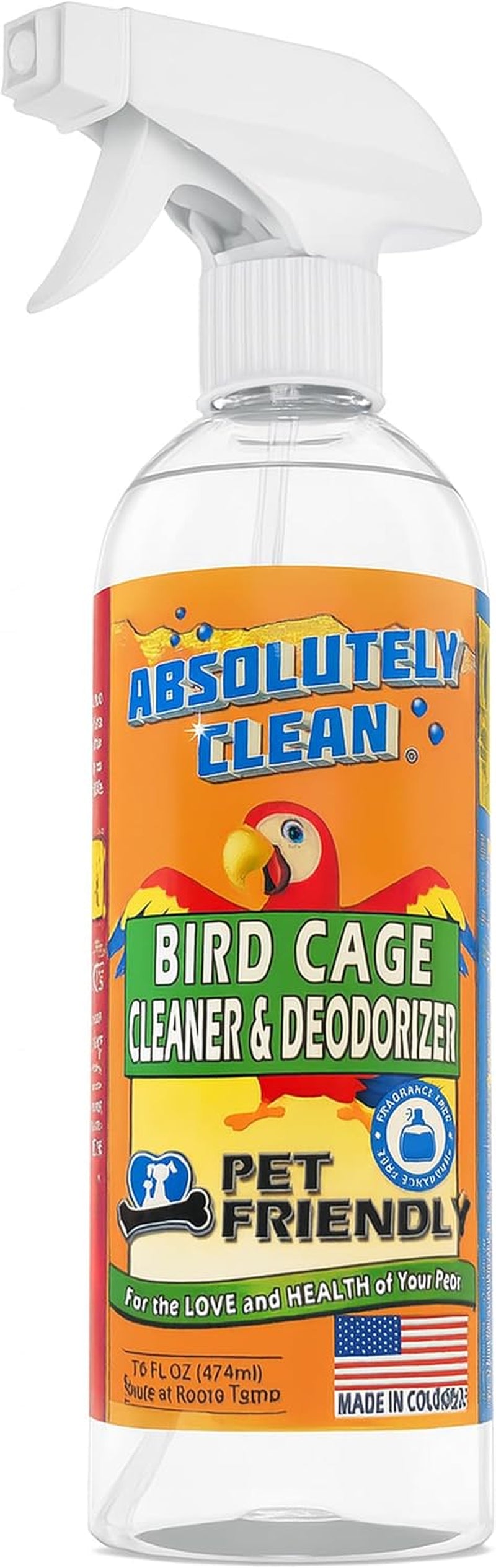 Absolutely Clean Amazing Bird Cage Cleaner and Deodorizer - Just Spray/Wipe - Safely & Easily Removes Bird Messes Quickly and Easily - Made in the US - Fragrance Free (16Oz Pack of 1)