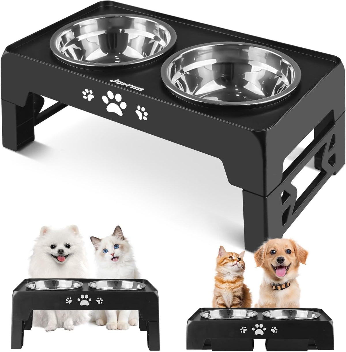 Jovrun Elevated Dog Bowls for Small Dogs and Cats, Non-Slip Cat Bowls with 2 Thick 5.5" Stainless Steel Dishes, Dog Feeder 2 Heights Adjustable to 2.6"-5.3"