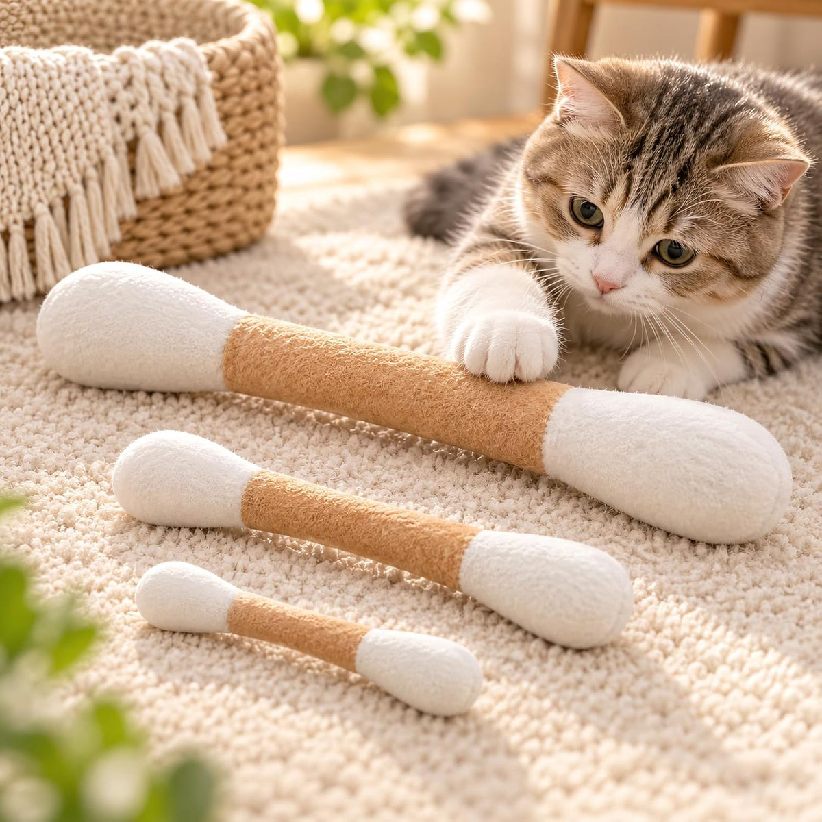 Cat Toys for Indoor Cats, Cotton Swab Cat Toy 3 Pack, Giant Cotton Swab Cat Toy, Plush Kicker Toy, Interactive Cat Toys, Kitten Toys, Cat Toy Variety Pack, Cat Toy Bundle, 12/6 / 4 Inch