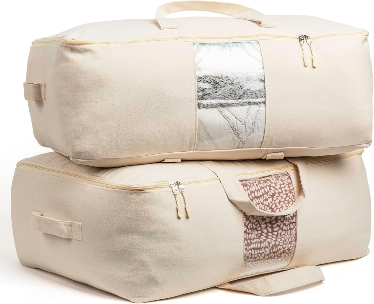 Soft Canvas Storage Bags with Zipper. Thick Breathable, 2Pc King/Queen Comforter Organizer. Four Carrying Handles and Window. Large 25X19X9In Bag for Sheets Blankets Bedding Pillows, Clothes