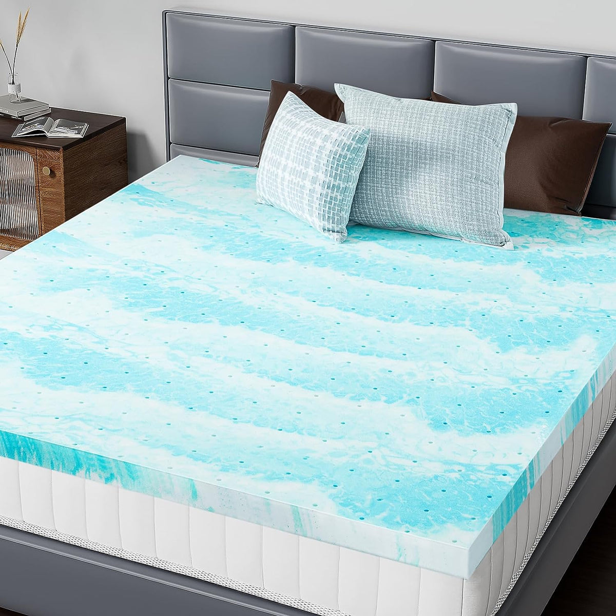 DUMOS Memory Foam Mattress Topper Queen, 2 Inch Thick Gel Infused Bed Toppers for Queen Size Bed, Soft Mattress Pads For, Certipur-Us Certified, Blue