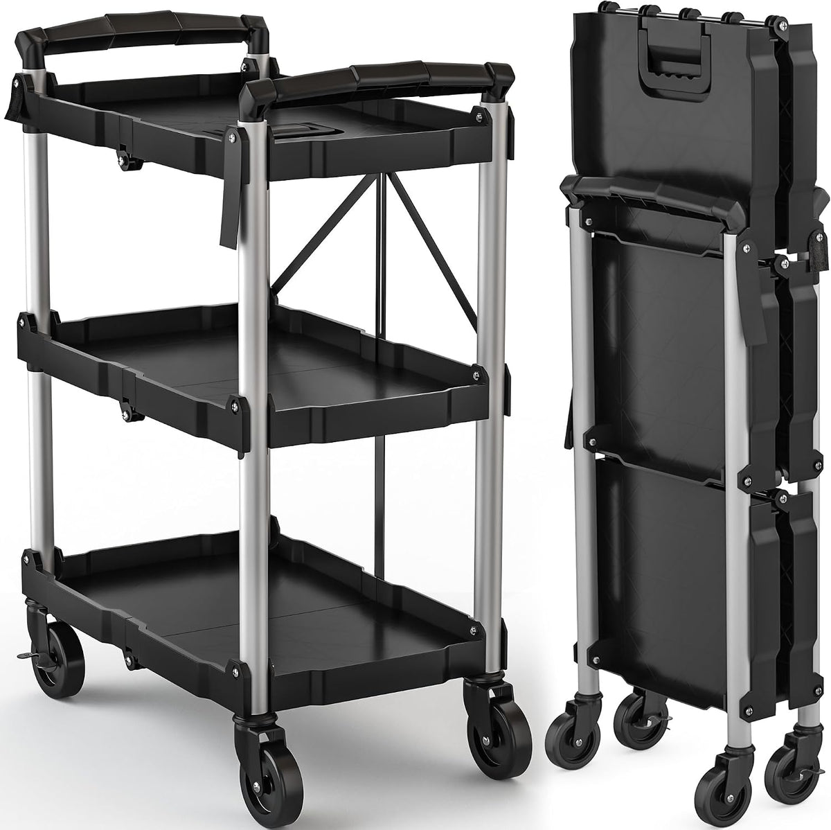 DWVO 3-Tier Foldable Service Cart with Swivel Wheels & Brake, 240LBS