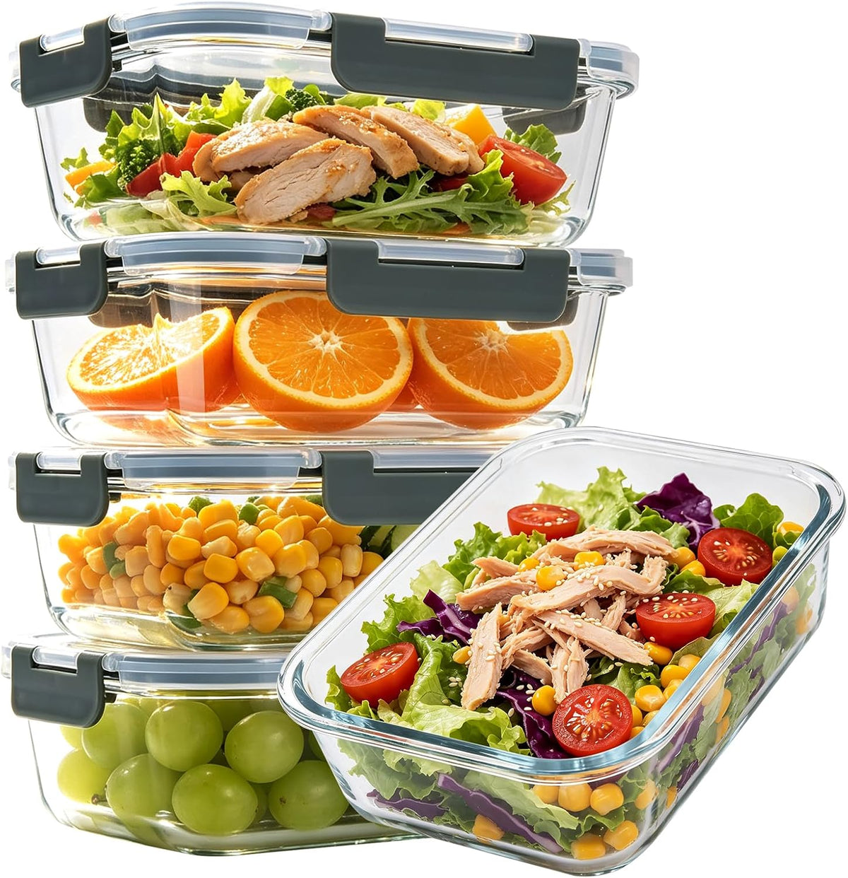 5 Pack 36Oz Glass Storage Containers with Lids, Grey