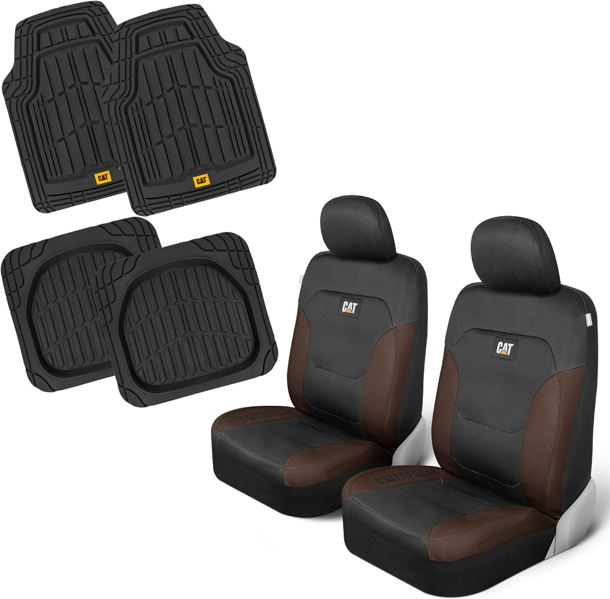 CAT Front Seat Covers for Cars (2-Pack) & 4-Piece Trim to Fit, Heavy Duty Protection, All Weather Floor Mats – Universal Fit, Waterproof Mats, Easy Install, for Trucks, Suvs, Vans, & Car Accessories