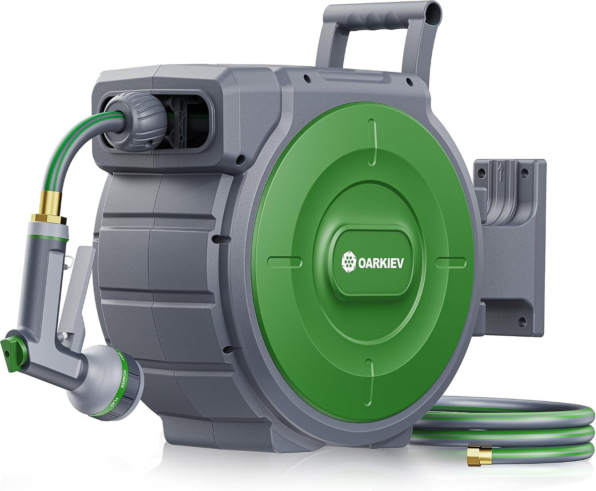 Garden Retractable Hose Reel, 1/2 Inch X 150 Ft Wall Mounted Garden Hose Reel with Any Length Lock, Upgraded Slow Return System and 180°Swivel Bracket