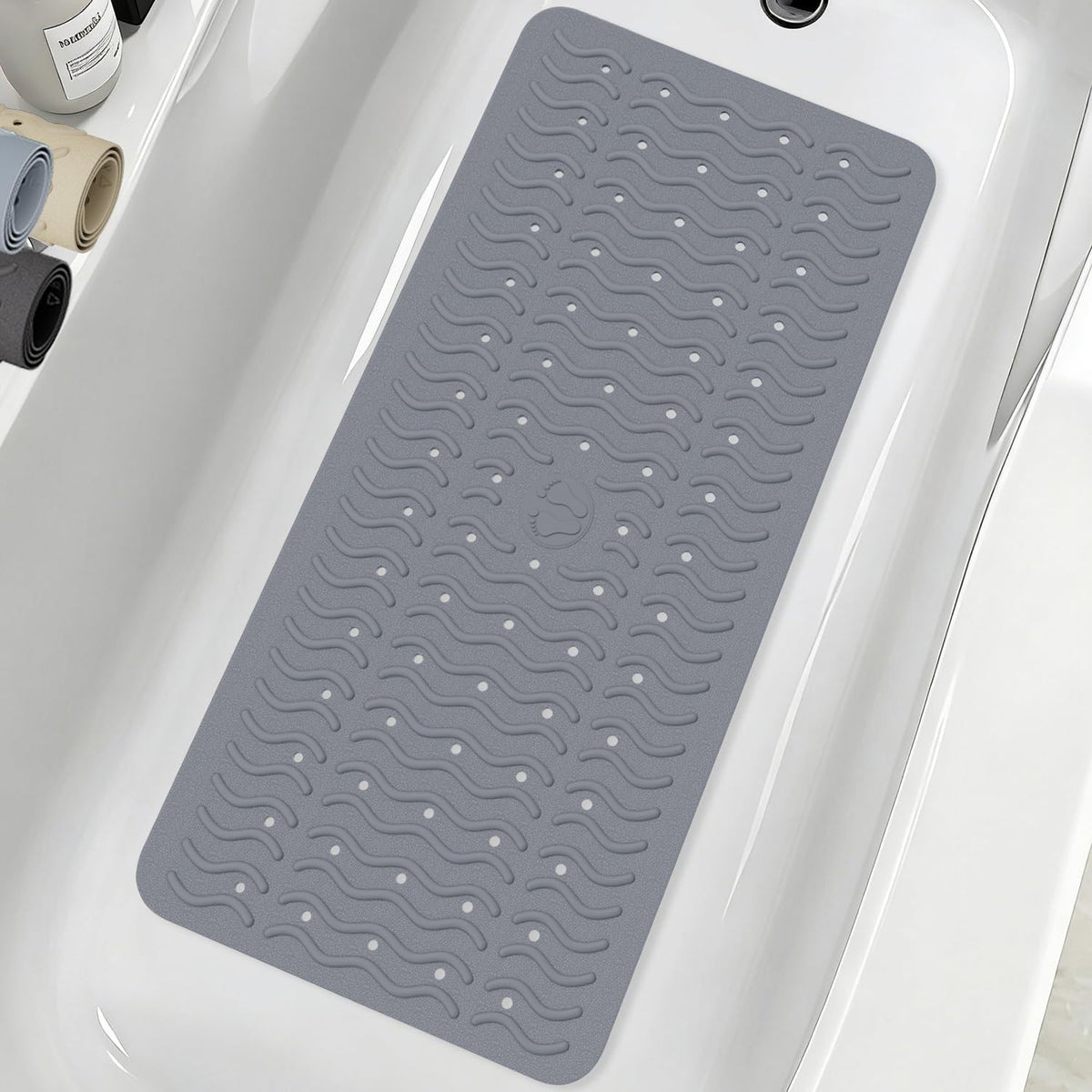 Non Slip Bathtub Mat & Shower Mat, 31X15'' anti Slip Bath Mat for Tub, Soft TPE Anti-Skid Bathroom Mat with 194 Suction Cups & Drain Holes, Wave-Textured Grip, Machine Washable, Grey
