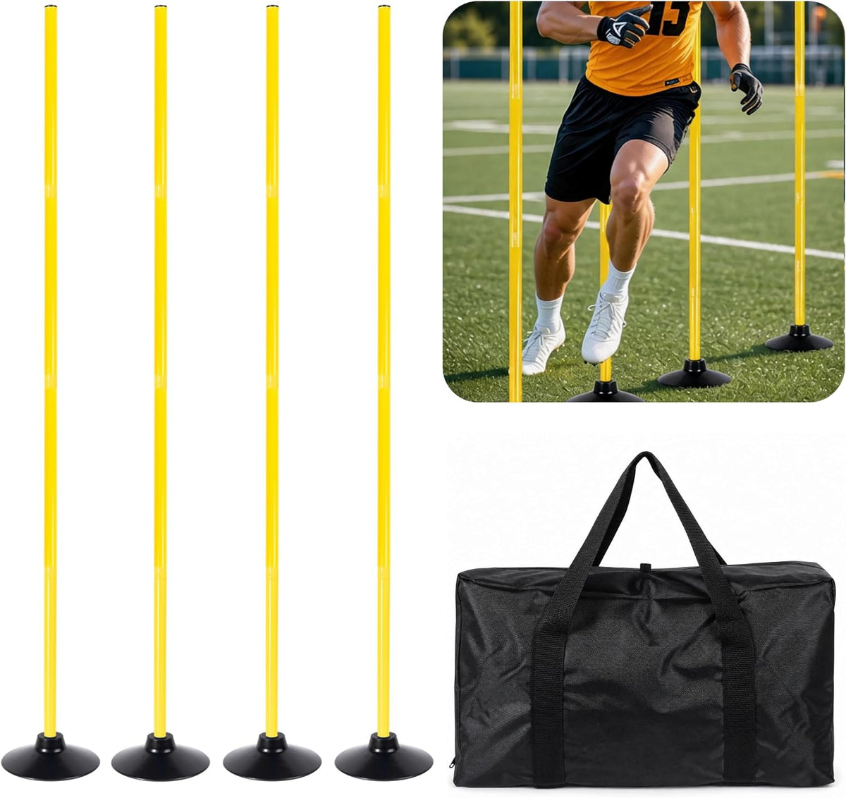 4 Pack Soccer Agility Training Poles, 5 FT Adjustable Speed and Agility Training Equipment for Football/Basketball/Dog Practice, Bending Poles for Horses with Rubber Bases and Carry Bag