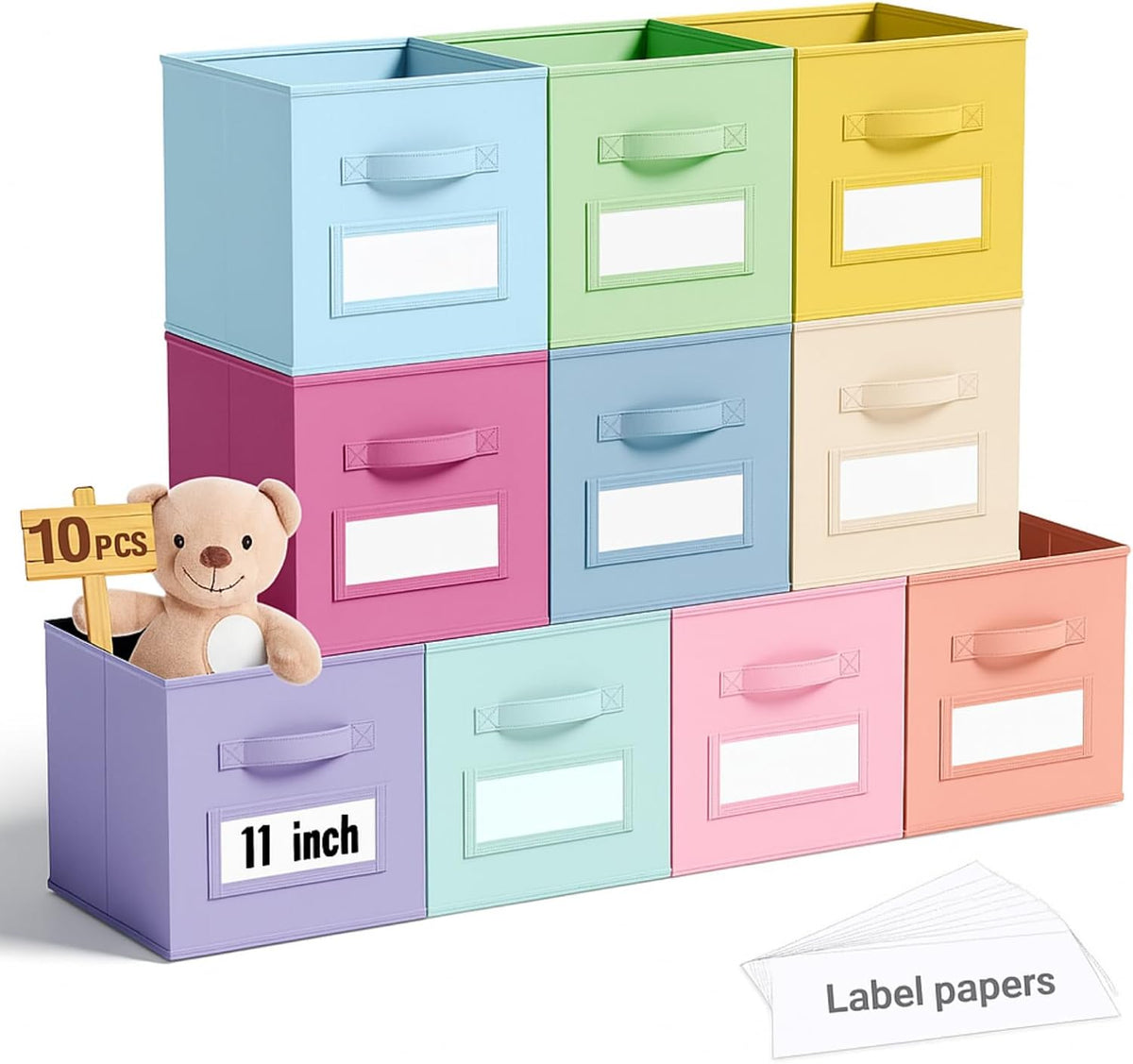 10 Pack Fabric Storage Cubes with Label 11" Collapsible Cube Bins, Macaroon