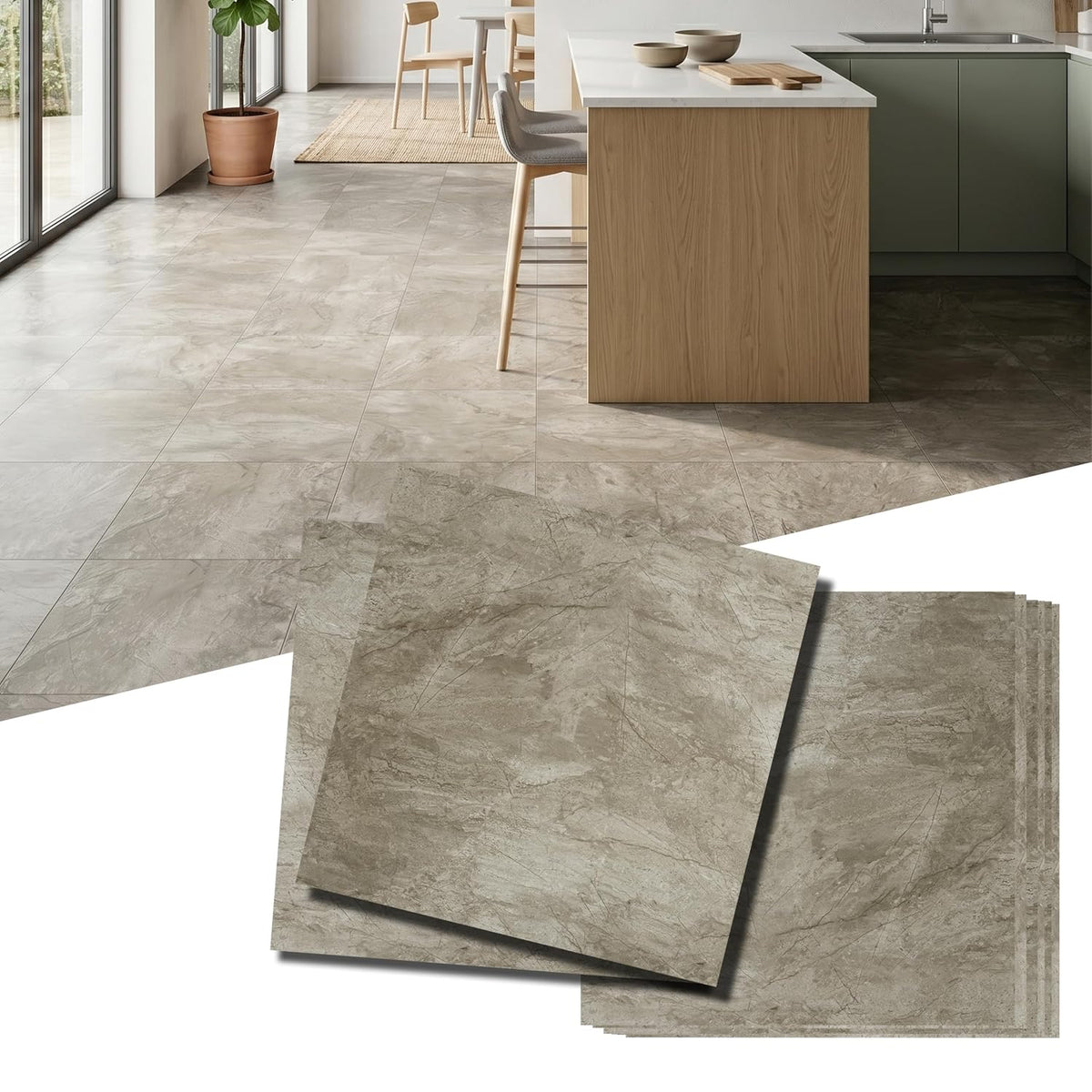 Peel and Stick Floor Tiles, 1.8Mm Thick Waterproof Viny Beige-Brown Marble