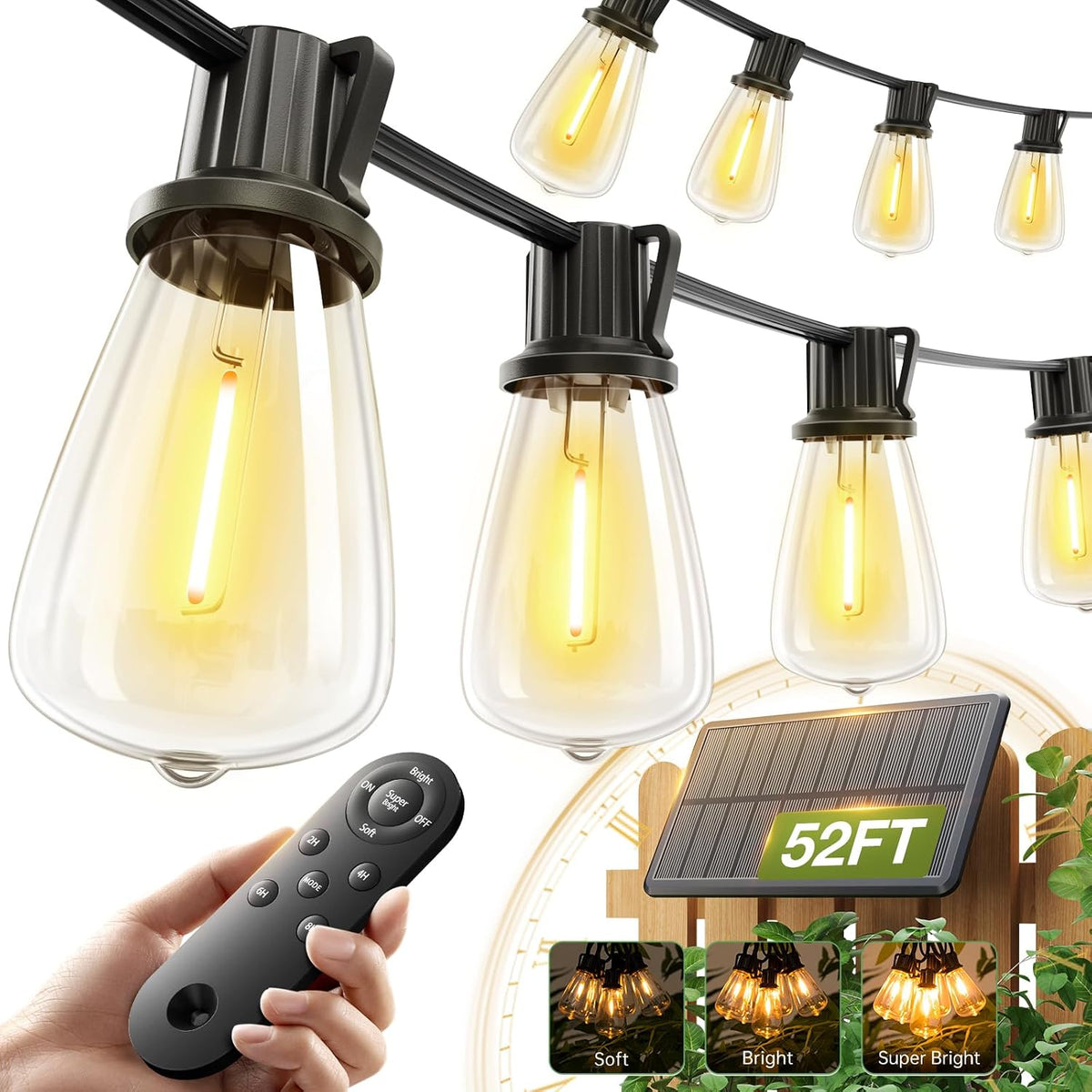Addlon 52FT(48+4) Solar String Lights Outdoor, Waterproof Dimmable 16+1 LED