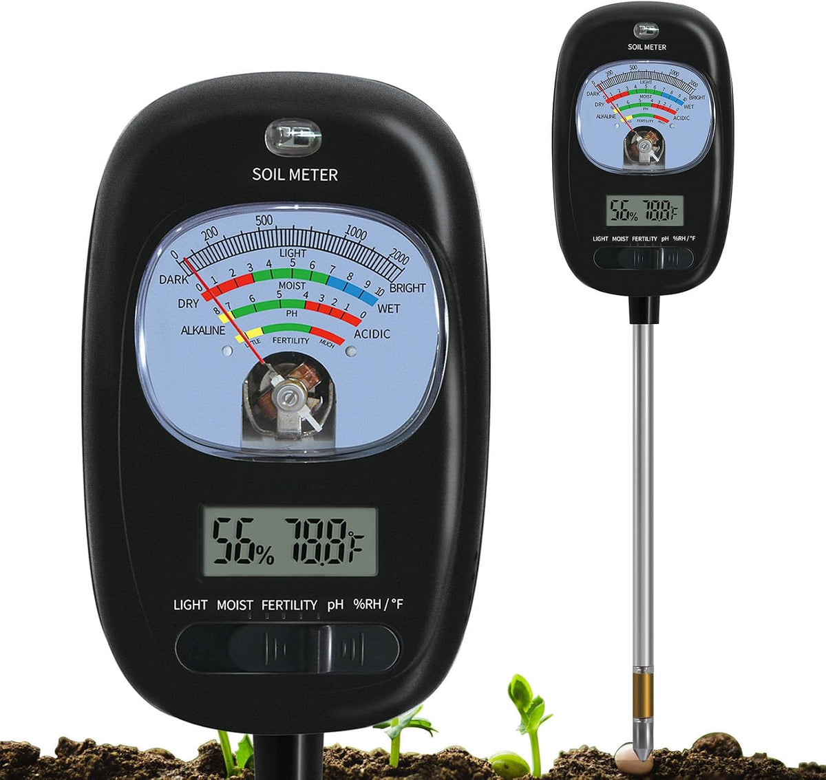 7-In-One Soil Test Kit, Soil Moisture Meter/Ph Meter/Sunlight Intensity/Fertility Soil Tester, LCD Display Air & Soil Hygrometer Temperature for Hous Plants Garden, Farm, Lawn Care Moisture Meter