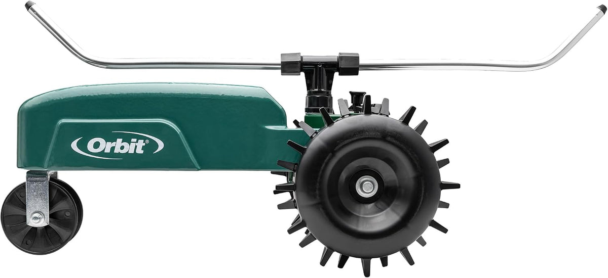 Orbit Traveling Tractor Water Sprinkler - Self-Propelled Traveling Sprinkler for Wide Lawn Coverage - Cast-Iron Body with Adjustable Coverage - Three-Speed - Automatic Shut off - 58322