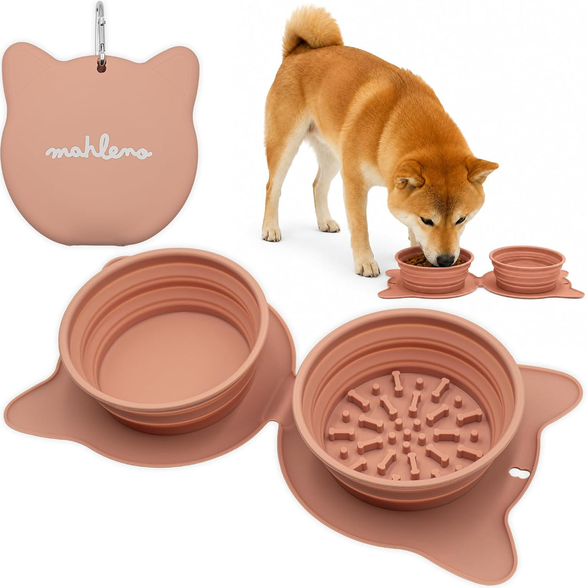 Collapsible Dog Bowls for Travel, 2-In-1 Silicone Slow Feeder with Clip, Portable Dog or Cat Pet Food & Water Bowl Set (Pink)