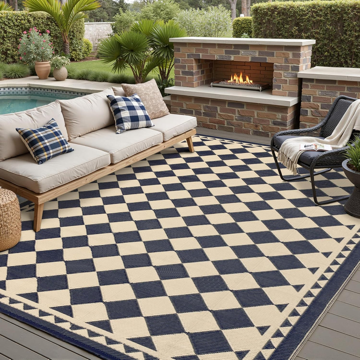 HUGEAR 8X10 Black Beige Checkered Waterproof Outdoor Rug for Patio