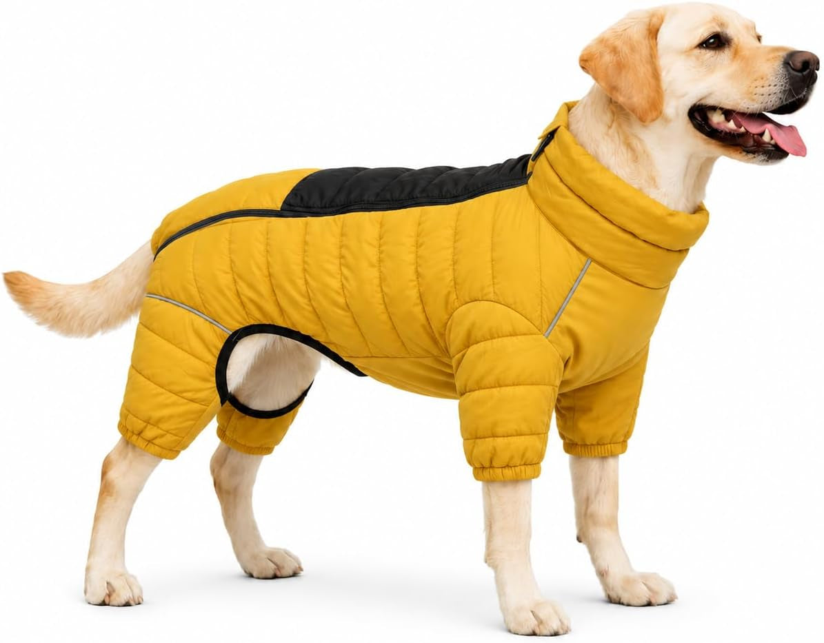 Lovelonglong Dog Coat Dog Warm Jacket, 4 Legs Covered Waterproof Windproof Reflective Warm Dog Vest, Zippered Adjustable Outdoor Dog Snow Jacket for Small Medium Large Dogs Yellow XXL